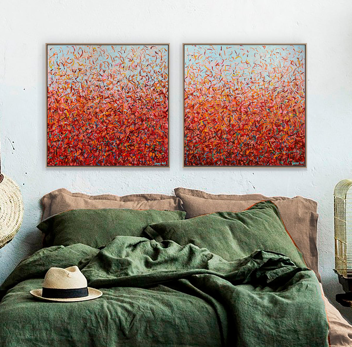 Darwin Dance A & B 79 x 79cm acrylic on canvas. Orange Red blue