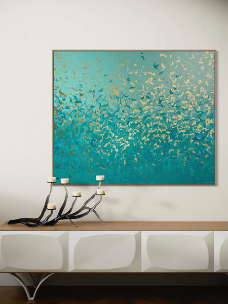 Turquoise Bay - 122 x 101 cm - metallic gold paint and acrylic on canvas