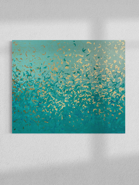 Turquoise Bay - 122 x 101 cm - metallic gold paint and acrylic on canvas
