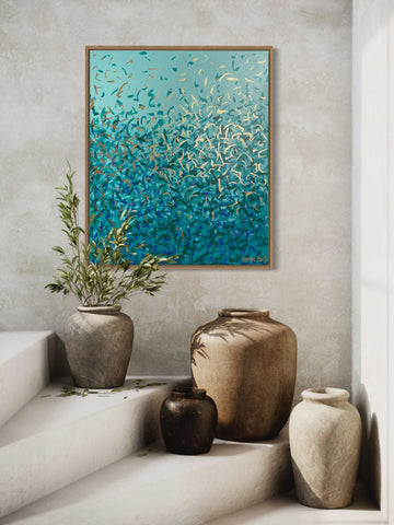 LONNIE 'Turquoise Cove' framed in Tasmanian Oak- 53cm x 63cm - acrylic on canvas