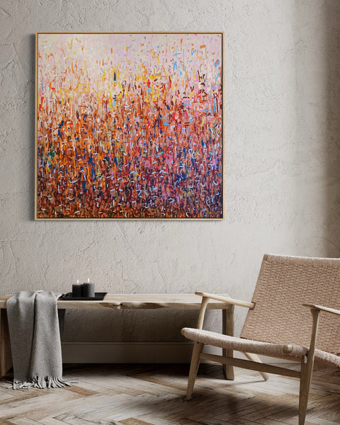 Orchard Harvest -mixed media on canvas framed in Tasmanian Oak -103cm squ / 40.55" squ