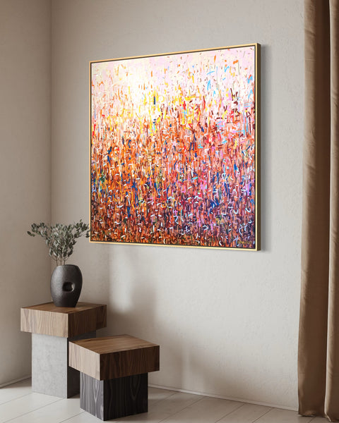 Orchard Harvest -mixed media on canvas framed in Tasmanian Oak -103cm squ / 40.55" squ