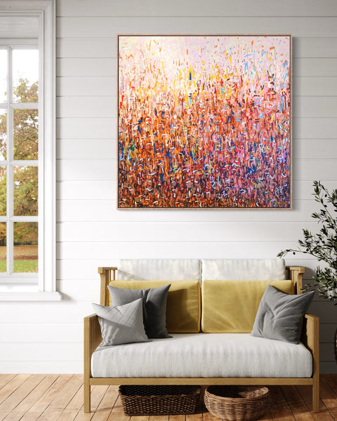 Orchard Harvest -mixed media on canvas framed in Tasmanian Oak -103cm squ / 40.55" squ