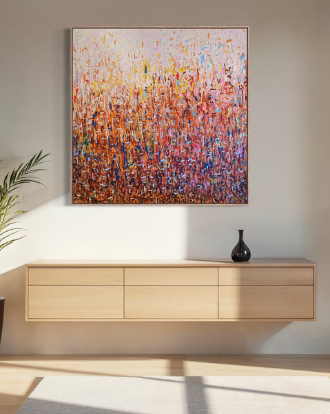 Orchard Harvest -mixed media on canvas framed in Tasmanian Oak -103cm squ / 40.55" squ