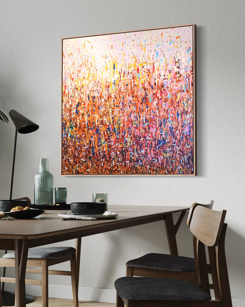 Orchard Harvest -mixed media on canvas framed in Tasmanian Oak -103cm squ / 40.55" squ