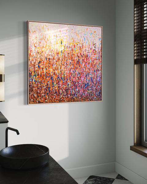 Orchard Harvest -mixed media on canvas framed in Tasmanian Oak -103cm squ / 40.55" squ