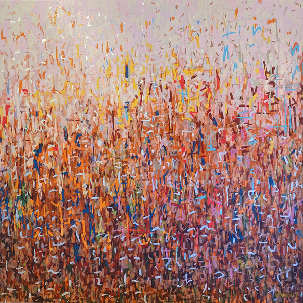 Orchard Harvest -mixed media on canvas framed in Tasmanian Oak -103cm squ / 40.55" squ